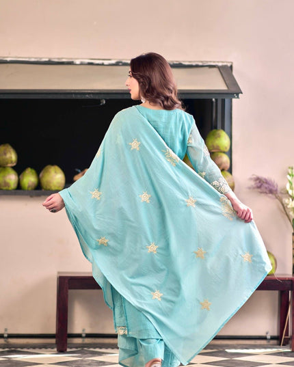 Chinon Embroidered Kurta Pant Set with Dupatta | Women's Festive Ethnic Suit | Sky Blue & Baby Pink - Rosepetals Luxe