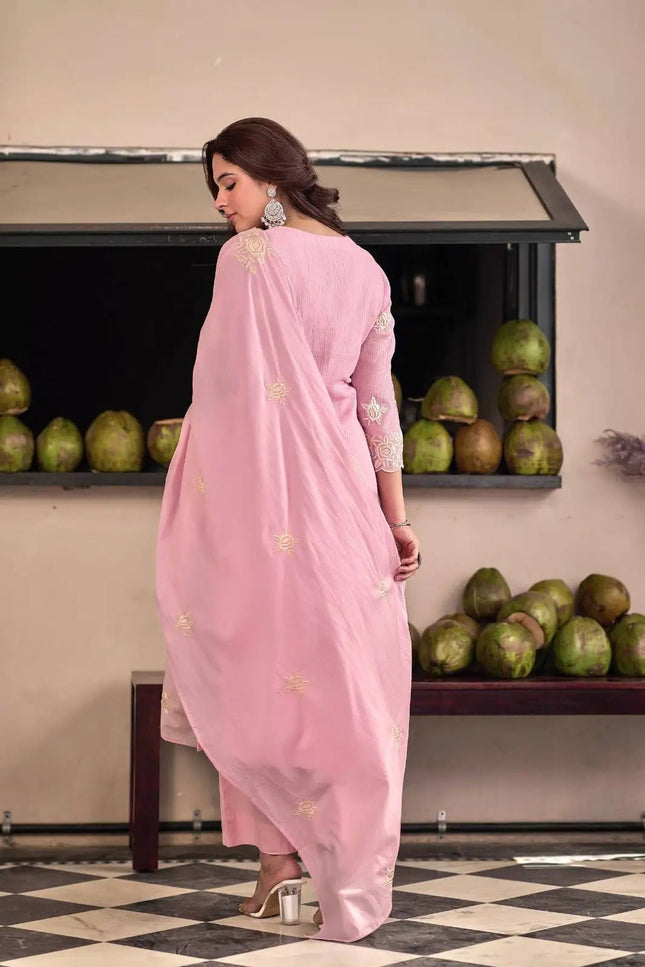Chinon Embroidered Kurta Pant Set with Dupatta | Women's Festive Ethnic Suit | Sky Blue & Baby Pink - Rosepetals Luxe