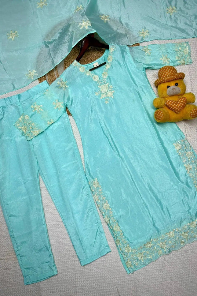 Chinon Embroidered Kurta Pant Set with Dupatta | Women's Festive Ethnic Suit | Sky Blue & Baby Pink - Rosepetals Luxe