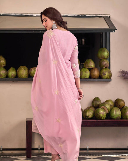 Chinon Embroidered Kurta Pant Set with Dupatta | Women's Festive Ethnic Suit | Sky Blue & Baby Pink - Rosepetals Luxe