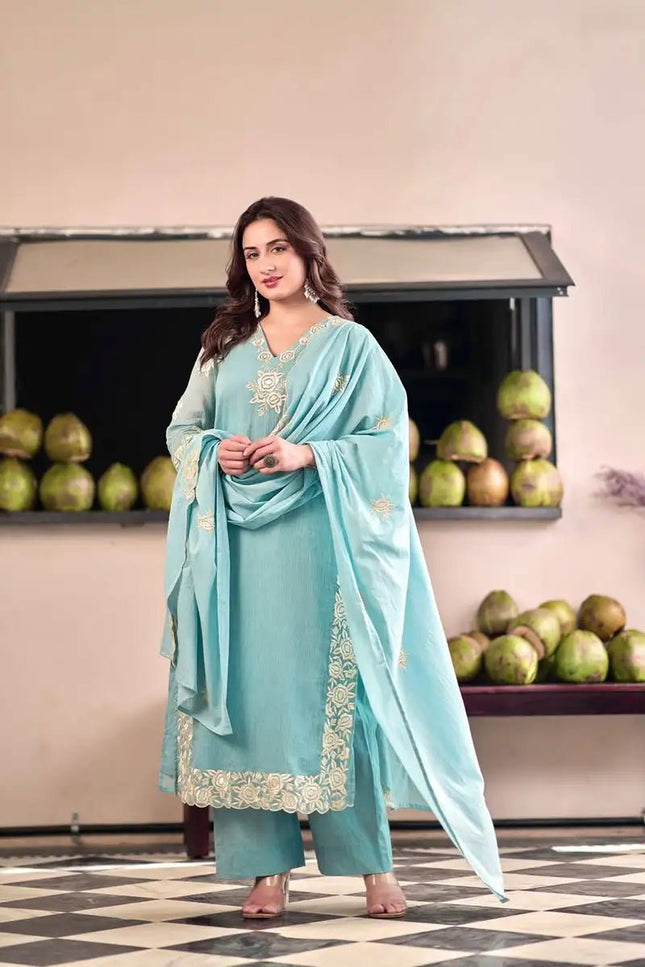 Chinon Embroidered Kurta Pant Set with Dupatta | Women's Festive Ethnic Suit | Sky Blue & Baby Pink - Rosepetals Luxe
