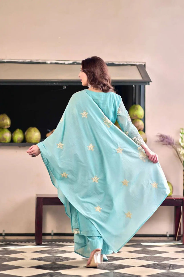 Chinon Embroidered Kurta Pant Set with Dupatta | Women's Festive Ethnic Suit | Sky Blue & Baby Pink - Rosepetals Luxe