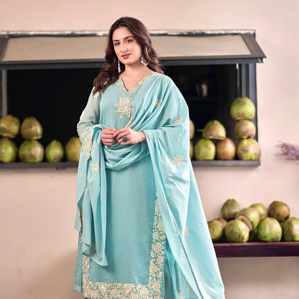 Chinon Embroidered Kurta Pant Set with Dupatta | Women's Festive Ethnic Suit | Sky Blue & Baby Pink - Rosepetals Luxe