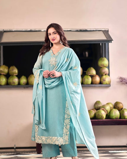 Chinon Embroidered Kurta Pant Set with Dupatta | Women's Festive Ethnic Suit | Sky Blue & Baby Pink - Rosepetals Luxe