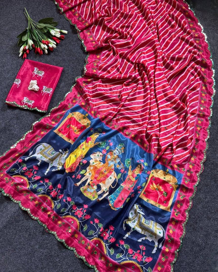 Chinon Gop Kana Saree | Mirror Foil Work & Blouse - Rosepetals Luxe