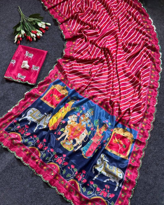 Chinon Gop Kana Saree | Mirror Foil Work & Blouse - Rosepetals Luxe