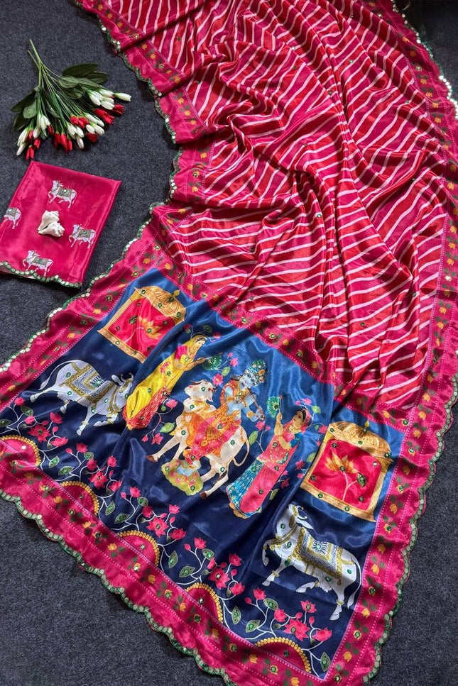 Chinon Gop Kana Saree | Mirror Foil Work & Blouse - Rosepetals Luxe