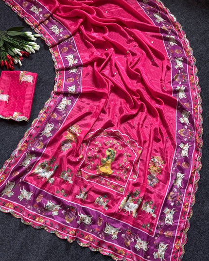 Chinon Gop Kana Saree | Mirror Foil Work & Blouse - Rosepetals Luxe