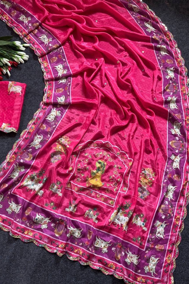 Chinon Gop Kana Saree | Mirror Foil Work & Blouse - Rosepetals Luxe