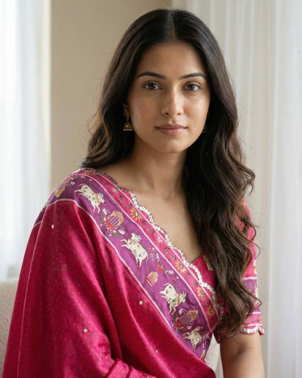 Chinon Gop Kana Saree | Mirror Foil Work & Blouse - Rosepetals Luxe