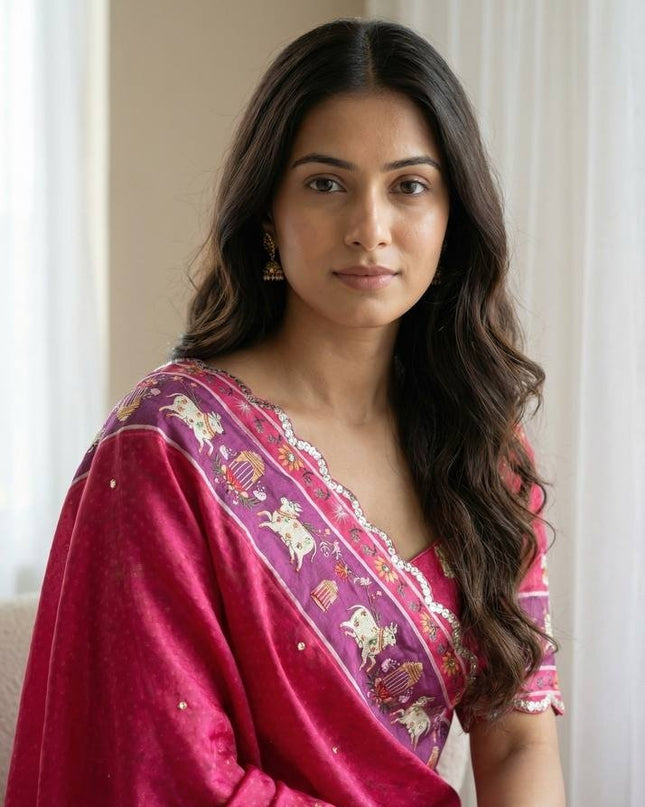 Chinon Gop Kana Saree | Mirror Foil Work & Blouse - Rosepetals Luxe