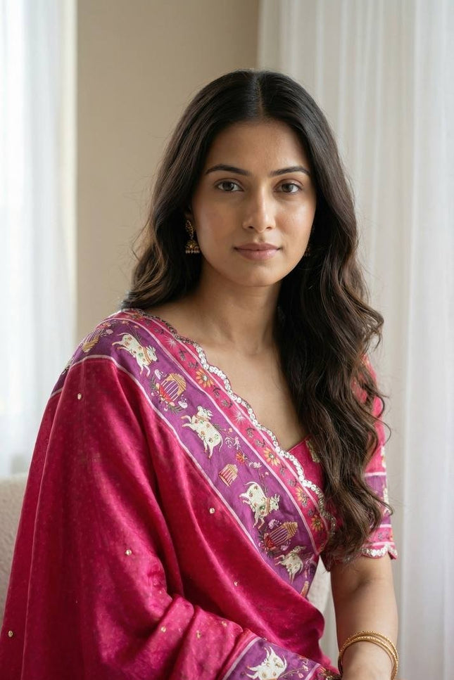 Chinon Gop Kana Saree | Mirror Foil Work & Blouse - Rosepetals Luxe