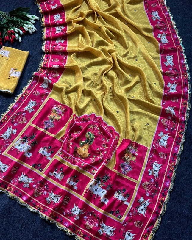 Chinon Gop Kana Saree | Mirror Foil Work & Blouse - Rosepetals Luxe