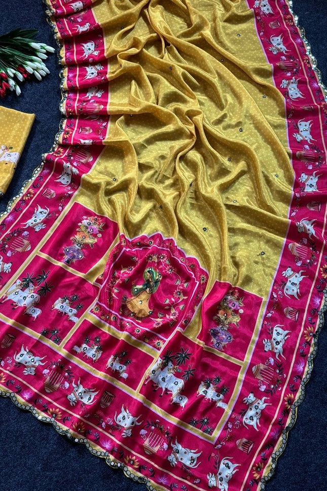 Chinon Gop Kana Saree | Mirror Foil Work & Blouse - Rosepetals Luxe