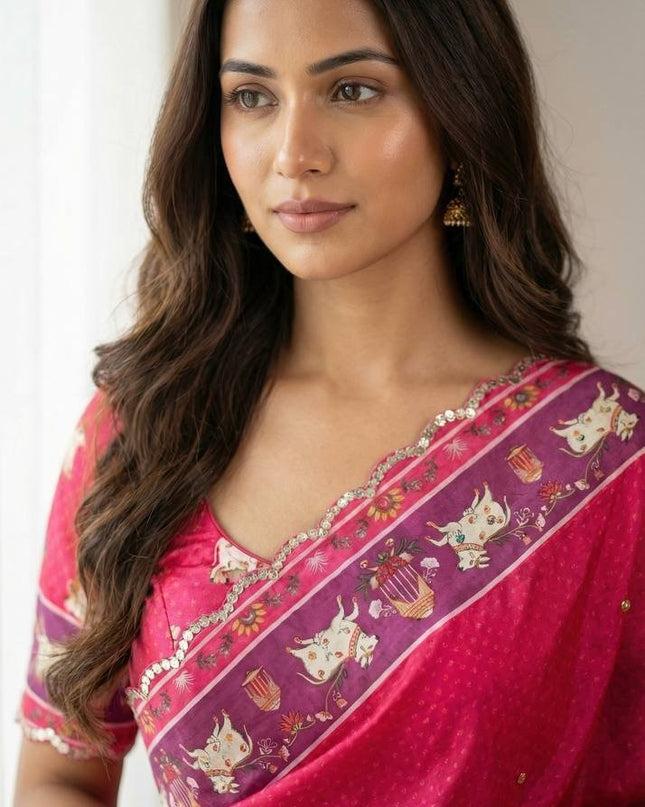 Chinon Gop Kana Saree | Mirror Foil Work & Blouse - Rosepetals Luxe