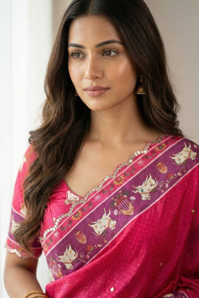 Chinon Gop Kana Saree | Mirror Foil Work & Blouse - Rosepetals Luxe