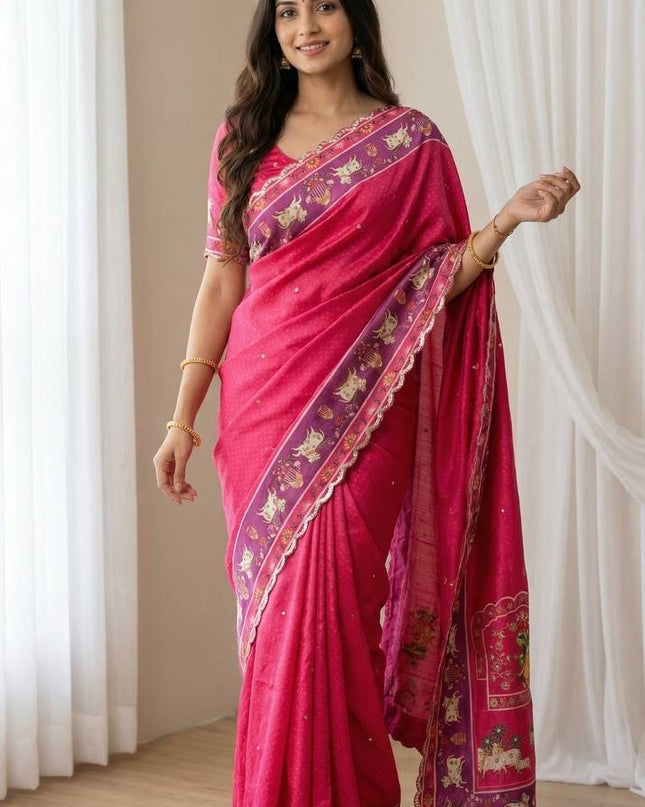 Chinon Gop Kana Saree | Mirror Foil Work & Blouse - Rosepetals Luxe