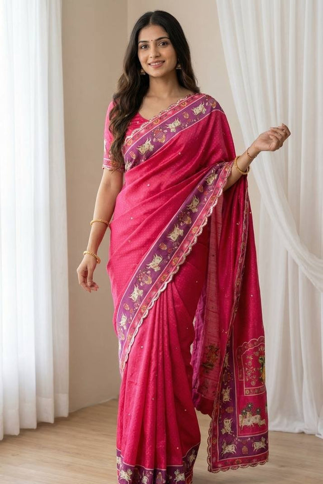 Chinon Gop Kana Saree | Mirror Foil Work & Blouse - Rosepetals Luxe
