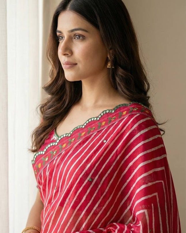Chinon Gop Kana Saree | Mirror Foil Work & Blouse - Rosepetals Luxe