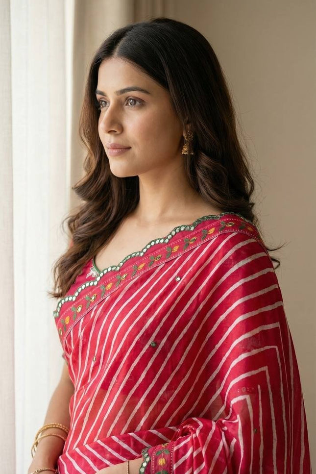 Chinon Gop Kana Saree | Mirror Foil Work & Blouse - Rosepetals Luxe