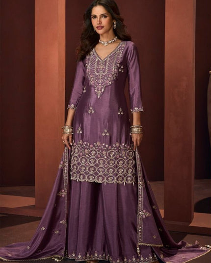 Chinon Palazzo Suit Set with Fancy Tassel Dupatta - Rosepetals Luxe