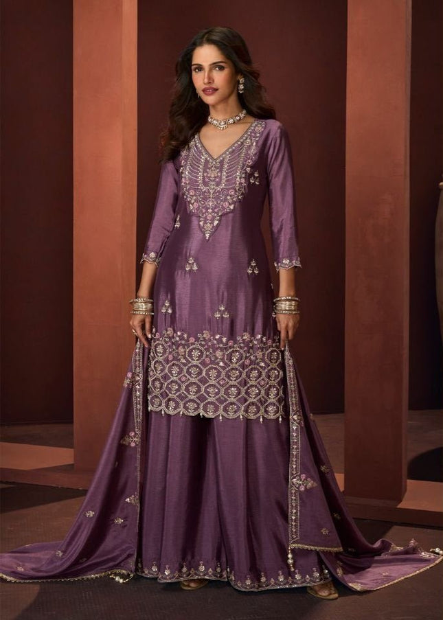 Chinon Palazzo Suit Set with Fancy Tassel Dupatta - Rosepetals Luxe
