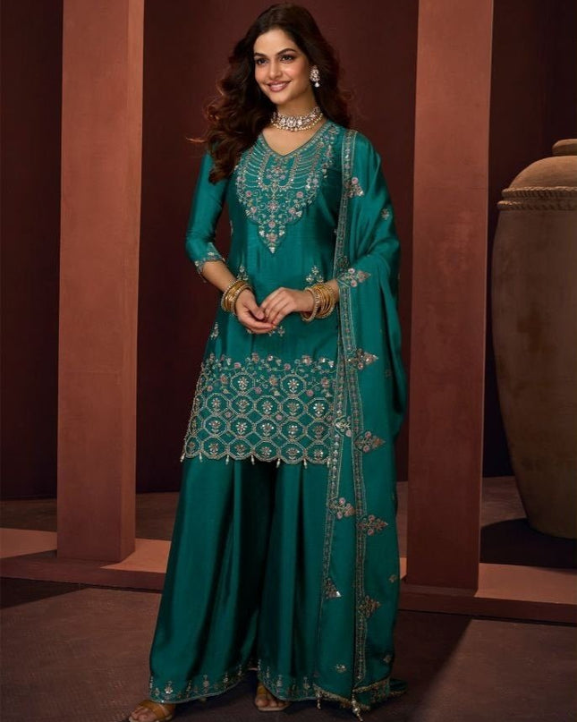 Chinon Palazzo Suit Set with Fancy Tassel Dupatta - Rosepetals Luxe