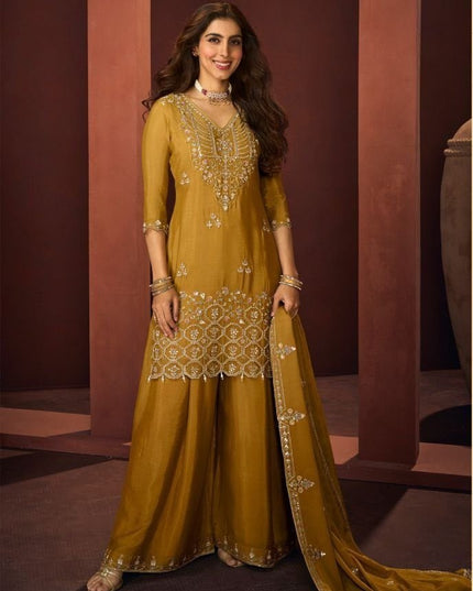 Chinon Palazzo Suit Set with Fancy Tassel Dupatta - Rosepetals Luxe