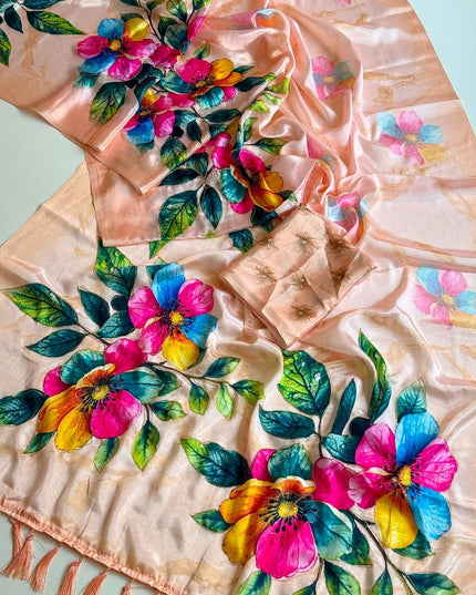 Chinon Saree with Aari Embroidery & Floral Digital Print | With Blouse Piece - Rosepetals Luxe