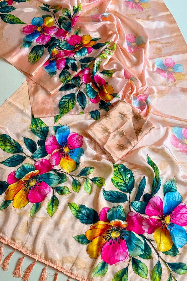 Chinon Saree with Aari Embroidery & Floral Digital Print | With Blouse Piece - Rosepetals Luxe