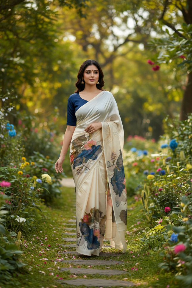 Chinon Saree with Aari Embroidery & Floral Digital Print | With Blouse Piece - Rosepetals Luxe