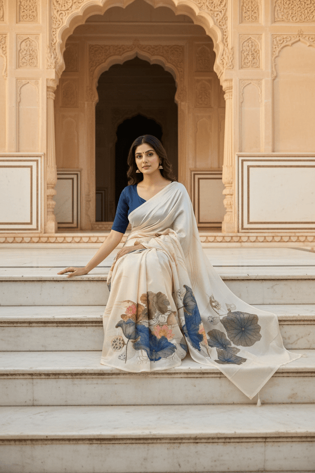 Chinon Saree with Aari Embroidery & Floral Digital Print | With Blouse Piece - Rosepetals Luxe