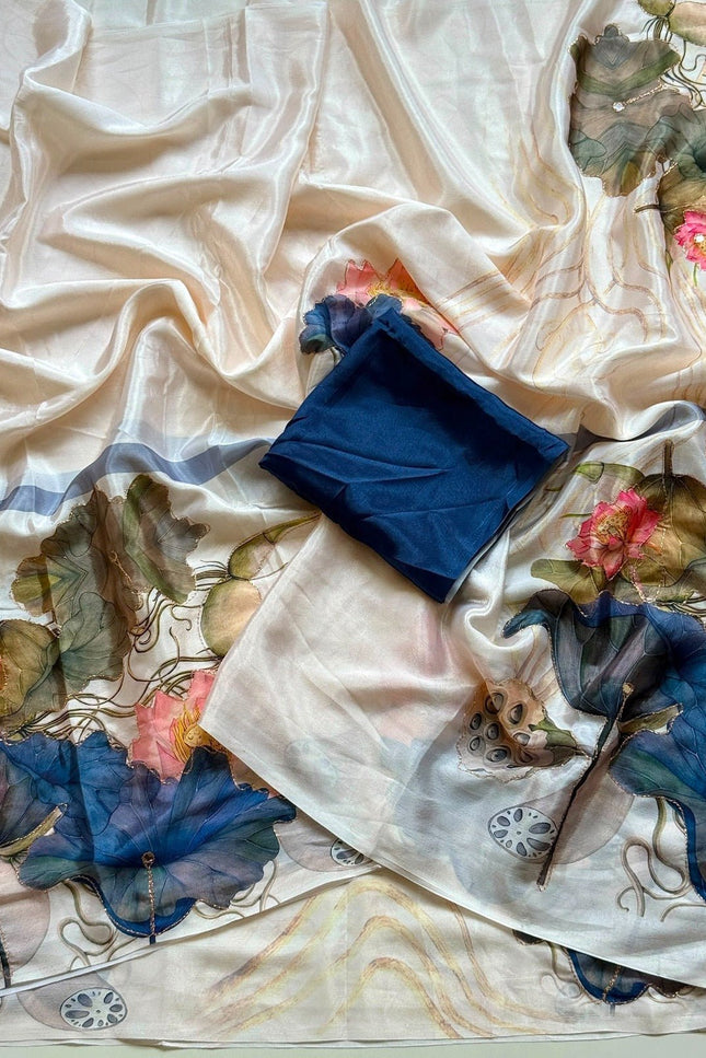 Chinon Saree with Aari Embroidery & Floral Digital Print | With Blouse Piece - Rosepetals Luxe