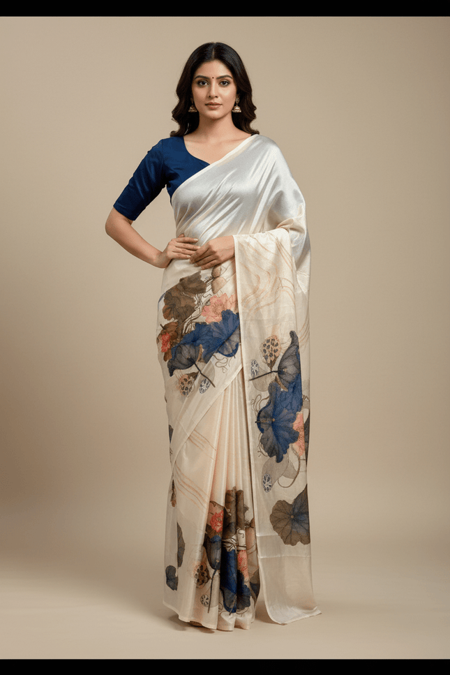 Chinon Saree with Aari Embroidery & Floral Digital Print | With Blouse Piece - Rosepetals Luxe