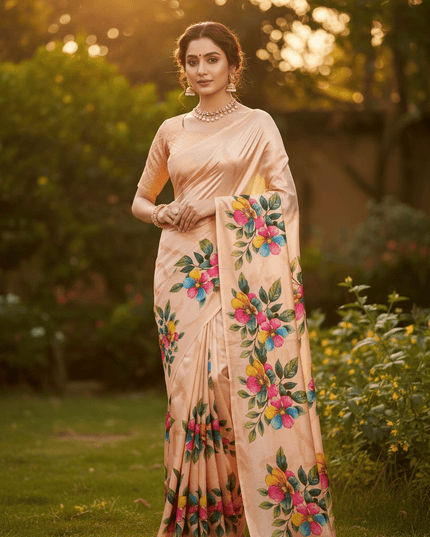 Chinon Saree with Aari Embroidery & Floral Digital Print | With Blouse Piece - Rosepetals Luxe
