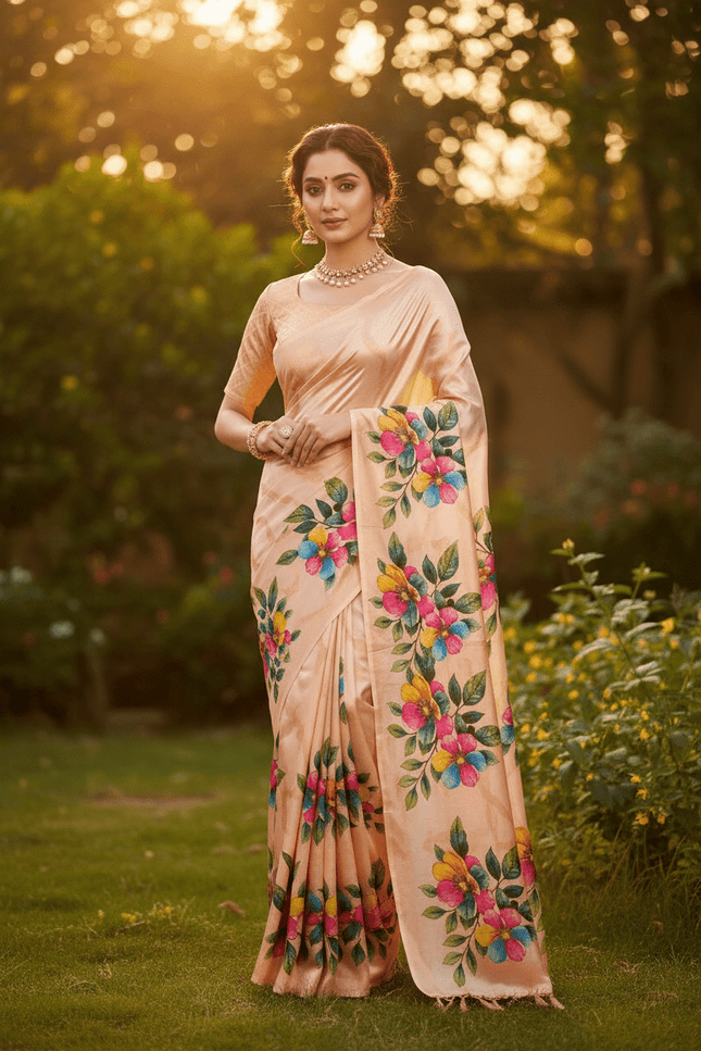 Chinon Saree with Aari Embroidery & Floral Digital Print | With Blouse Piece - Rosepetals Luxe