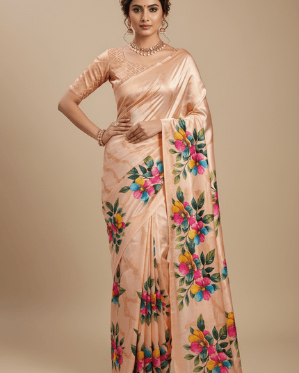 Chinon Saree with Aari Embroidery & Floral Digital Print | With Blouse Piece - Rosepetals Luxe