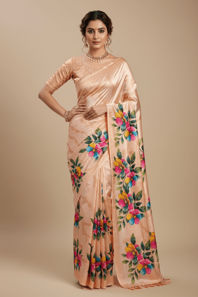 Chinon Saree with Aari Embroidery & Floral Digital Print | With Blouse Piece - Rosepetals Luxe
