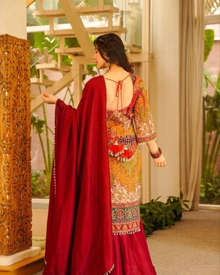 Chinon Silk Aari and Mirror Work Sharara Set with Pearl Dupatta - Rosepetals Luxe