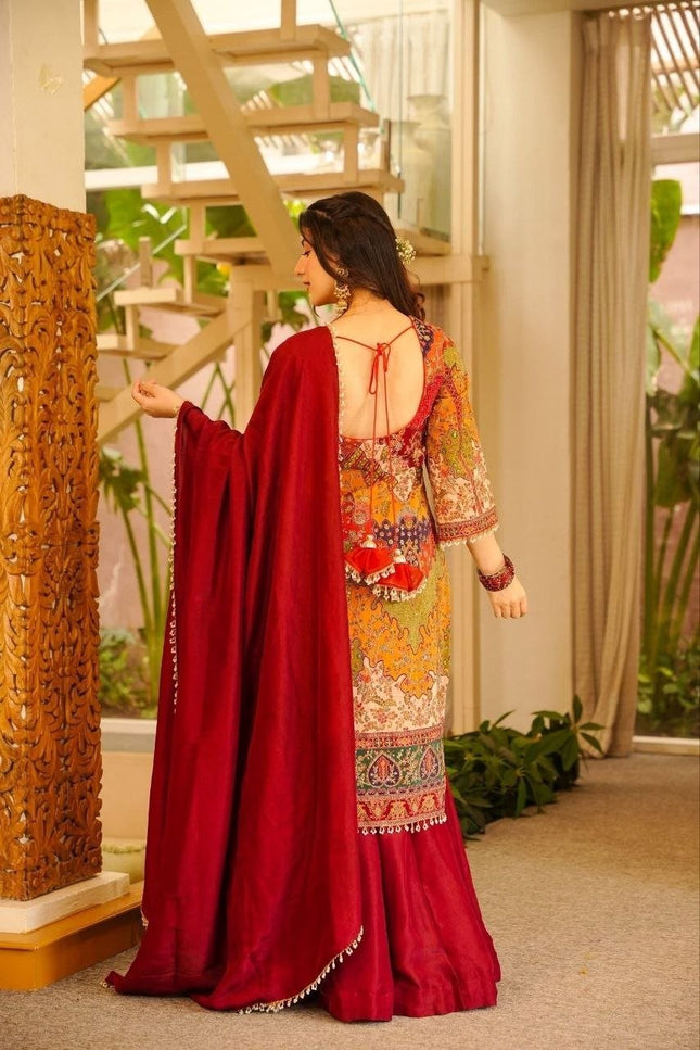Chinon Silk Aari and Mirror Work Sharara Set with Pearl Dupatta - Rosepetals Luxe