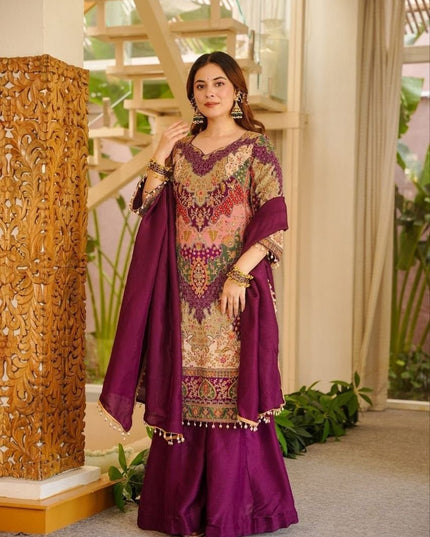 Chinon Silk Aari and Mirror Work Sharara Set with Pearl Dupatta - Rosepetals Luxe