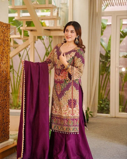 Chinon Silk Aari and Mirror Work Sharara Set with Pearl Dupatta - Rosepetals Luxe