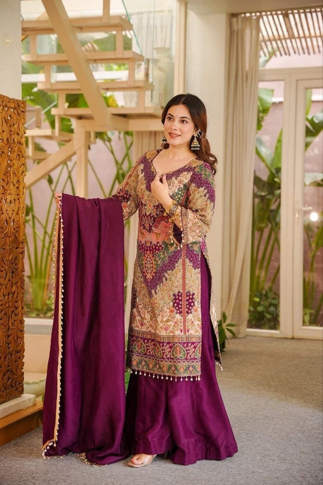 Chinon Silk Aari and Mirror Work Sharara Set with Pearl Dupatta - Rosepetals Luxe