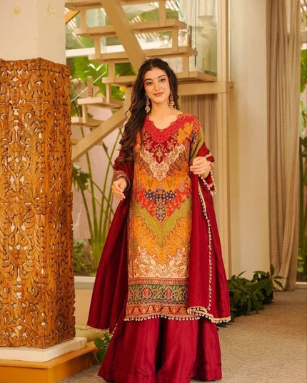 Chinon Silk Aari and Mirror Work Sharara Set with Pearl Dupatta - Rosepetals Luxe