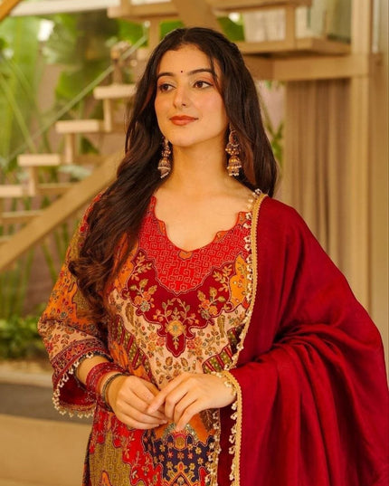 Chinon Silk Aari and Mirror Work Sharara Set with Pearl Dupatta - Rosepetals Luxe