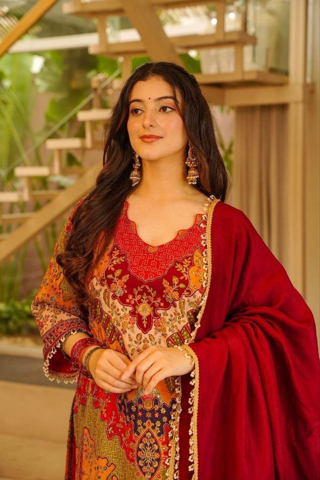 Chinon Silk Aari and Mirror Work Sharara Set with Pearl Dupatta - Rosepetals Luxe