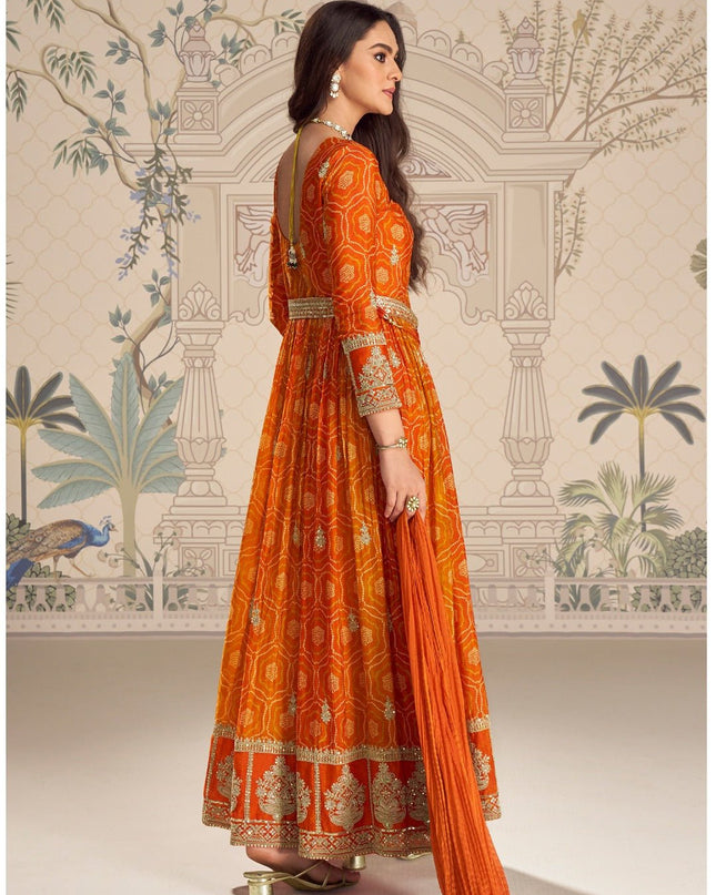 Chinon Silk Anarkali Gown with Embroidery Sequence Work with Digital Print | Perfect Festive Wear - Rosepetals Luxe