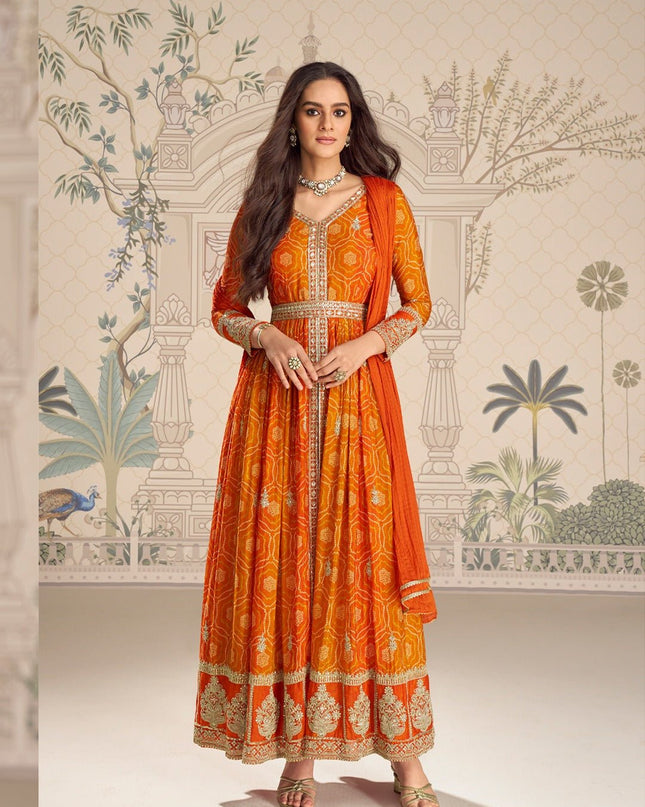 Chinon Silk Anarkali Gown with Embroidery Sequence Work with Digital Print | Perfect Festive Wear - Rosepetals Luxe
