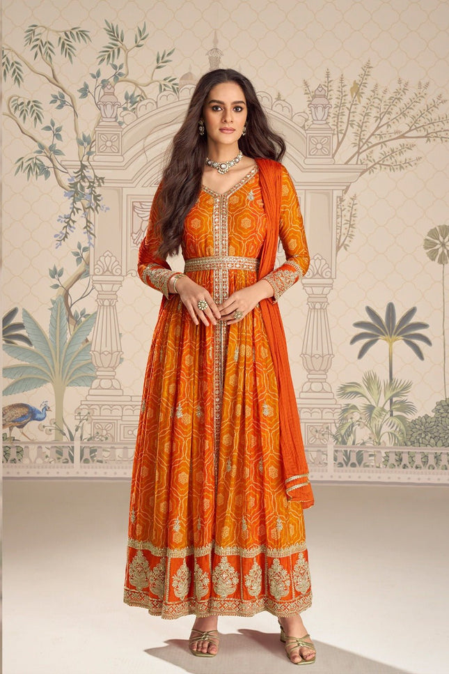 Chinon Silk Anarkali Gown with Embroidery Sequence Work with Digital Print | Perfect Festive Wear - Rosepetals Luxe