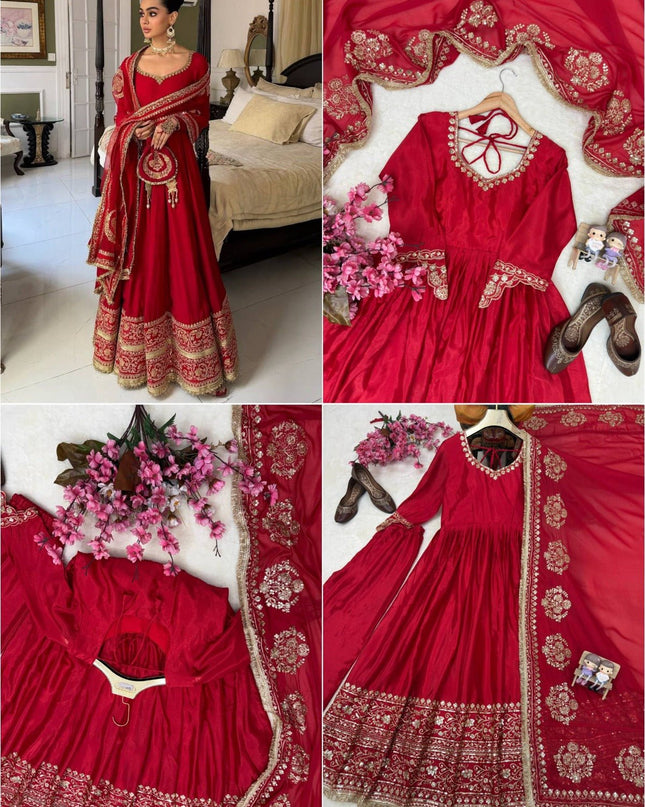 Chinon Silk Anarkali Gown With Zari Work | Perfect For Ethnic Wear - Rosepetals Luxe